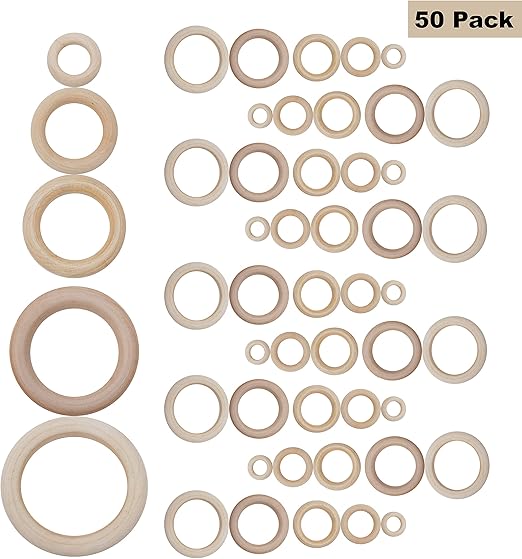 Wooden Rings 50 Pack Natural Wooden Craft Rings Assorted Sizes
