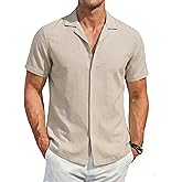 COOFANDY Men's Cotton Shirts Short Sleeve Button Down Shirts Casual Beach Summer Cuban Collar Shirt