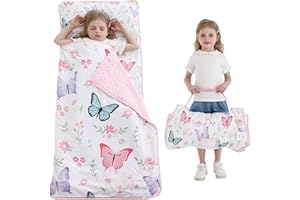 Viviland Toddler Kid Nap Mat for Preschool, White Butterfly Slumber Bag, Daycare Sleeping Bag with Pillow and Blanket, Kindergarten Sleep Mat