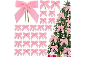 Tsorode 24 Pcs Pink Velvet Bows for Christmas Tree,Pink Bows Velvet Ornaments Christmas Tree Bow for Gift Wrapping Door Vintage Garland Wreath,Rustic Holiday Decor-1" Wide,3.5 x 3.5 Inch