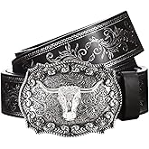 Western Cowboy Belts for Men Women,Western Belt with Bull Buckle, Country Longhorn Bull PU Leather Belt for Jeans