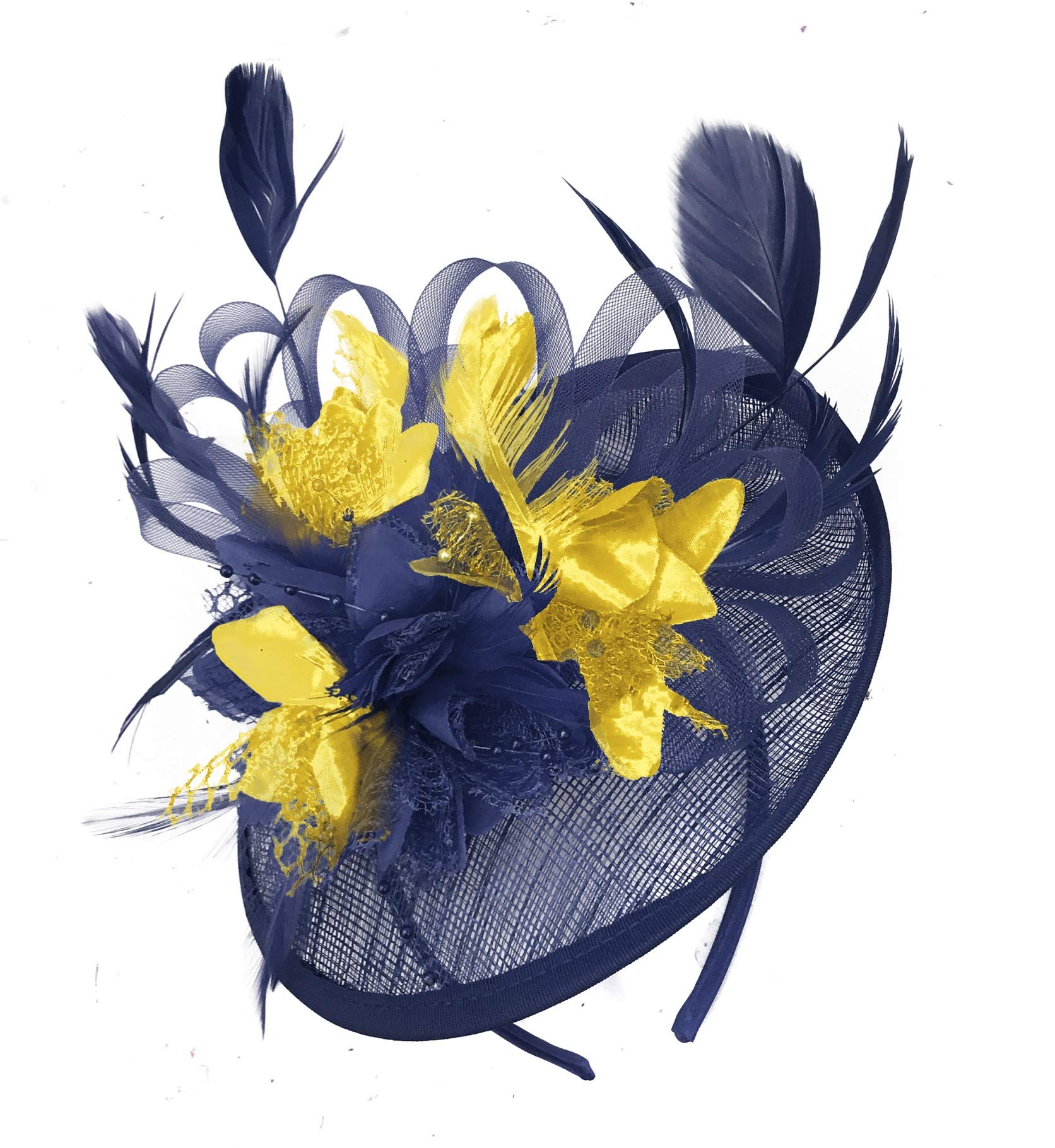 Caprilite Navy Blue and Gold Sinamay Disc Saucer Fascinator Hat for Women Weddings Headband