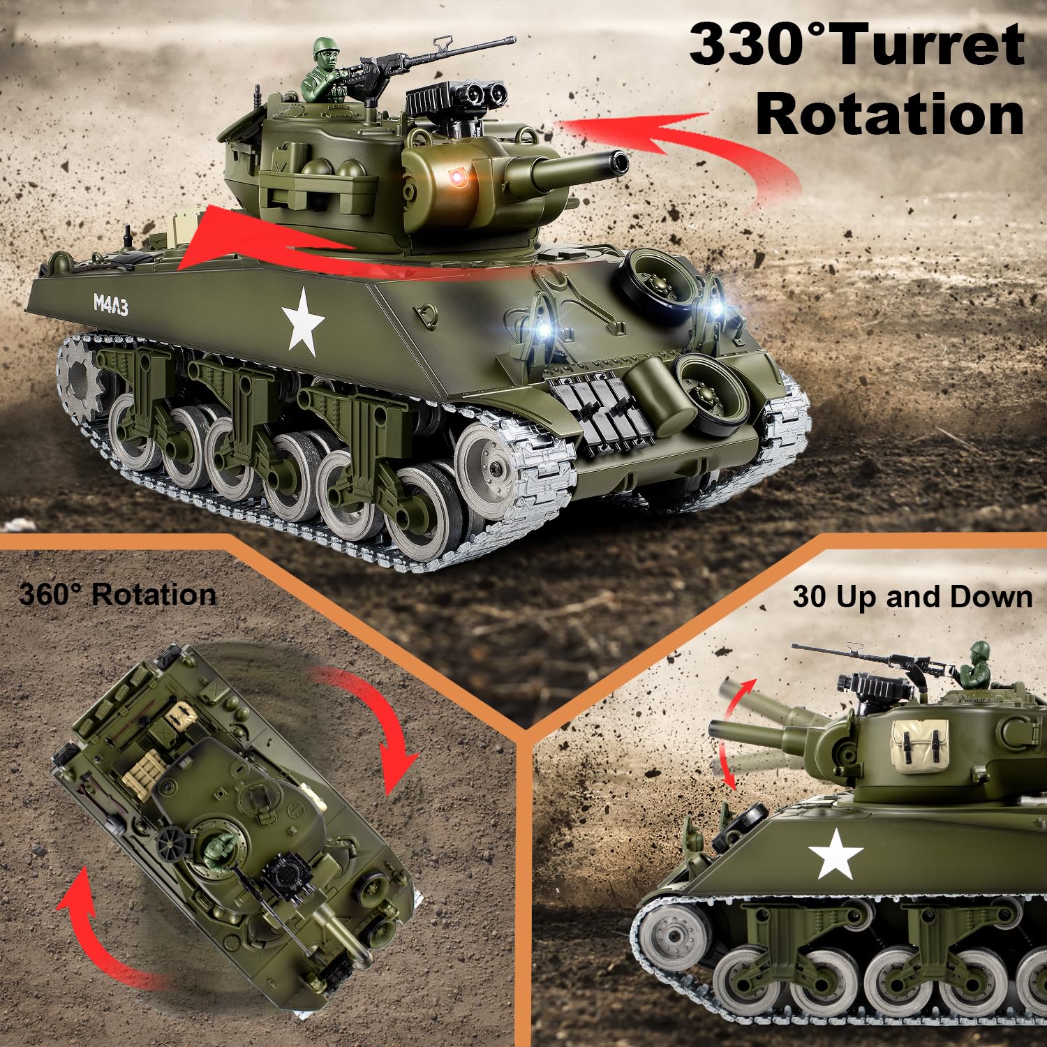 Supdex 1:18 RC Tank, Metal US M4A3 Sherman Remote Control Model Army Tank That Shoots BBS and Water Bombs, 2.4Ghz RC Vehicle Military Toys with Smoke, Lights, Sound, and Recoil for Kids and Adults