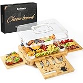 Charcuterie Board with Drawer, Bamboo Cheese Board Set with Locking Lid & Utensils, Portable Serving Tray, Unique Housewarming Gifts, Wedding Gifts for Couples, Birthday Gifts for Women