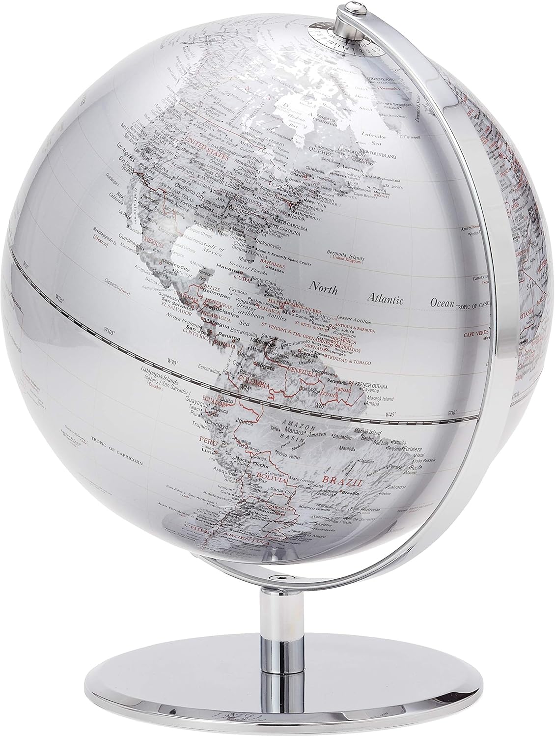 Torre & Tagus Latitude World Desk Globe 9.5 Inch with Chrome Metal Base Stand for Home Office Classroom Living Room Mantle Centerpiece, White Silver, 9.5