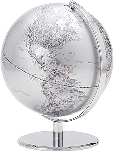 Torre & Tagus Latitude World Desk Globe 9.5 Inch with Chrome Metal Base Stand for Home Office Classroom Living Room Mantle Centerpiece, White Silver, 9.5