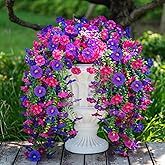 BLISOUL 2PCS Artificial Hanging Flowers for Outdoor, Realistic Silk Morning Glory with Eucalyptus Vines, UV Resistant Faux Plants for Patio Balcony Garden Wall Home Decor Window Box Yard(Purplish Red)