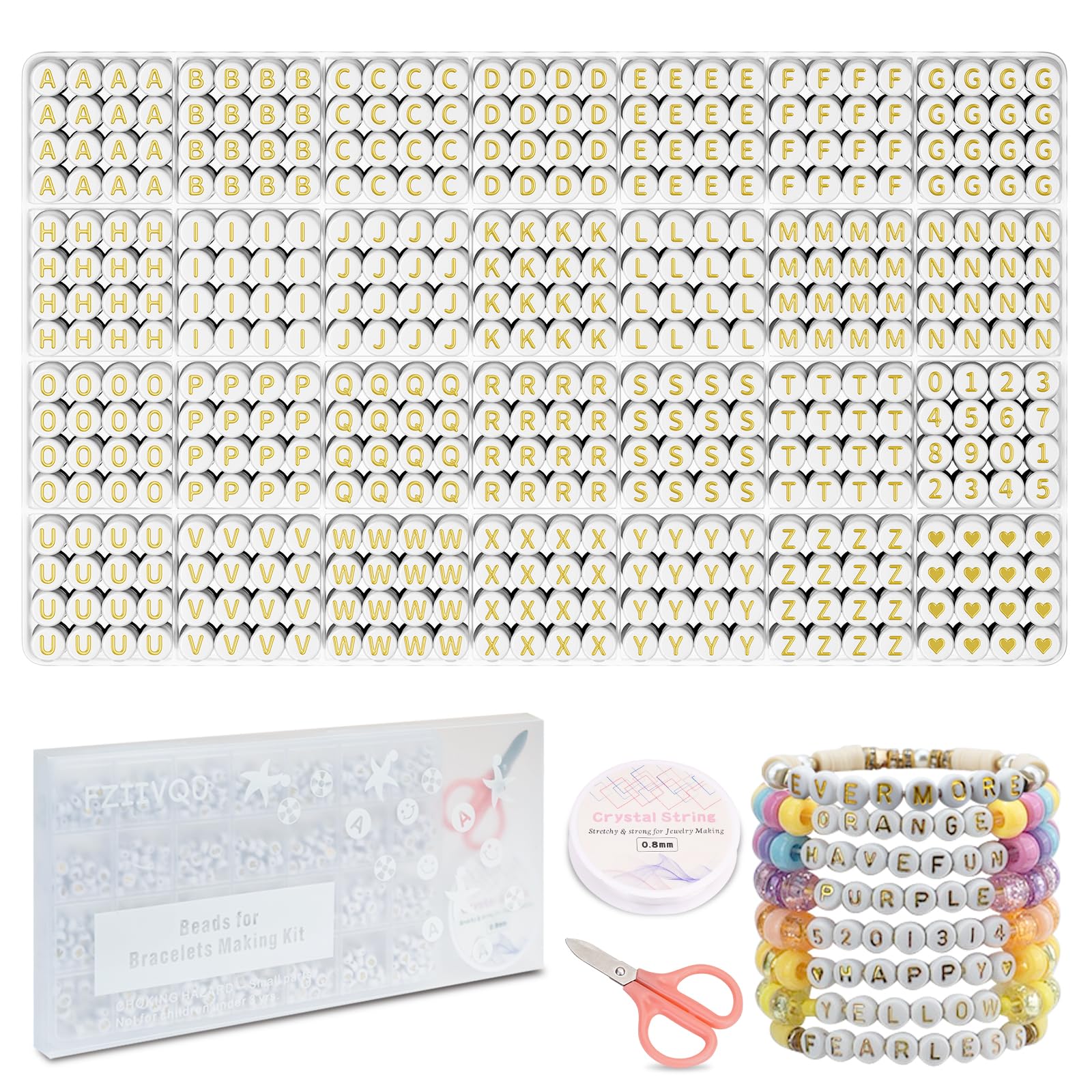 FZIIVQU 1450 Pieces Letter Beads Kit, 4x7 mm Gold Acrylic Alphabet for Jewelry Making Number Heart Friendship Bracelet Making（Golden Letters & White Base） (BJ28-2) — image 1