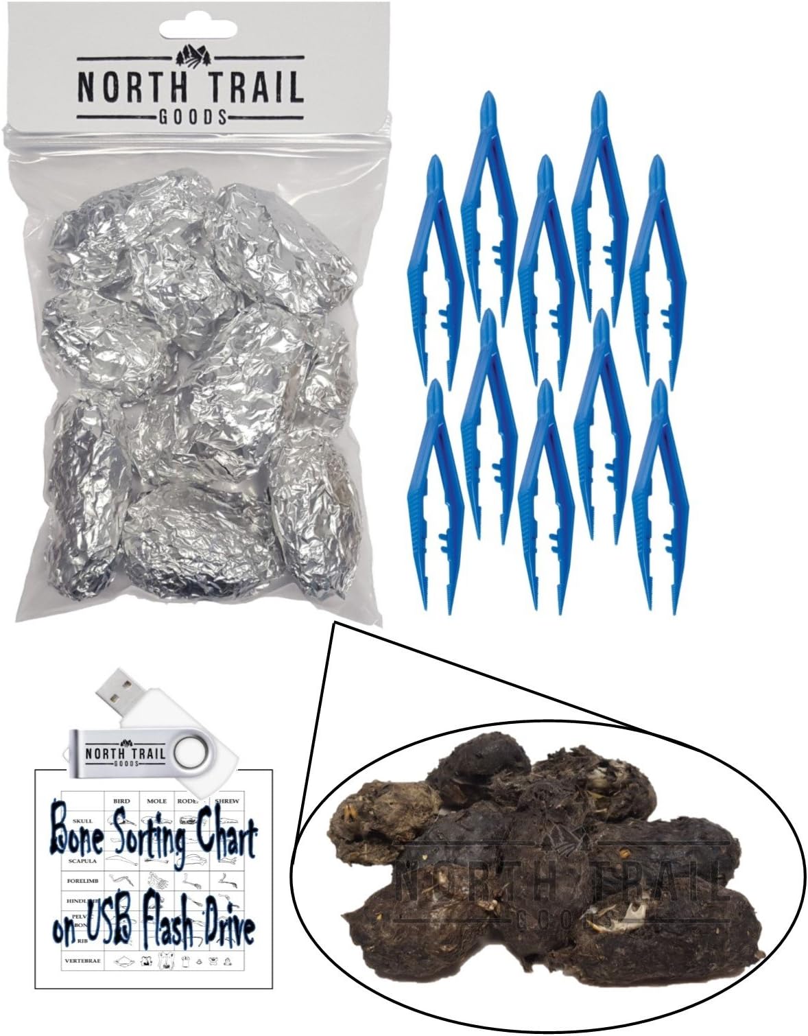 Owl Pellet Dissection Kit by North Trail Goods – 10 Pack of Large Pellets with 10 Sets of Dissecting Tweezers bundled with Bone Sorting Chart preloaded on USB Flash Drive for Classroom-Homeschool