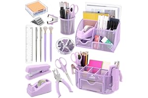 FROIDESENTE 17 in 1 Purple Desk Organizers and Accessories Set, 3 Office Desk Supplies Storage Organization, 4 Pens, Stapler, Staples & Remover, Tape & Dispenser, Scissors, Ruler, Clips, Hole Punch, Sticky Holder