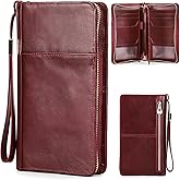 CataPurus Top Grain Leather Travel Passport Wallet Holder for Man & Woman, Handmade with Three-Layer for 4 Passports & Multi Cards, RFID Blocking Large Capacity for Cards/Passports/Tickets, Burgundy