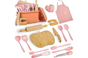 Pulcher Kids Cooking & Baking Sets Real Little Chef Cooking Utensils Kitchen Set Gifts for Girls Boys Juniors with Utensils Cutting Board Kids Safe Knife Rolling Pin Apron Storage Box (Orange Pink)