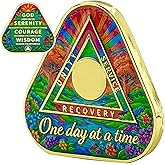 One Day at a Time Serenity Prayer Triangle Sobriety Coin Sunrise AA Medallion Recovery Chip Inspirational Gift for Sobriety Recovery and Healing (Triangle Garden Sunrise Coin, 0 Year(Blank))