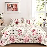 Menghomeus Pink Big Floral Quilt Set Queen Boho Patchwork Bedspread Floral Coverlet Reversible Bed Quilt Set All Season Soft Microfiber Bedding Farmhouse Garden Bed Sets, 96"x90"
