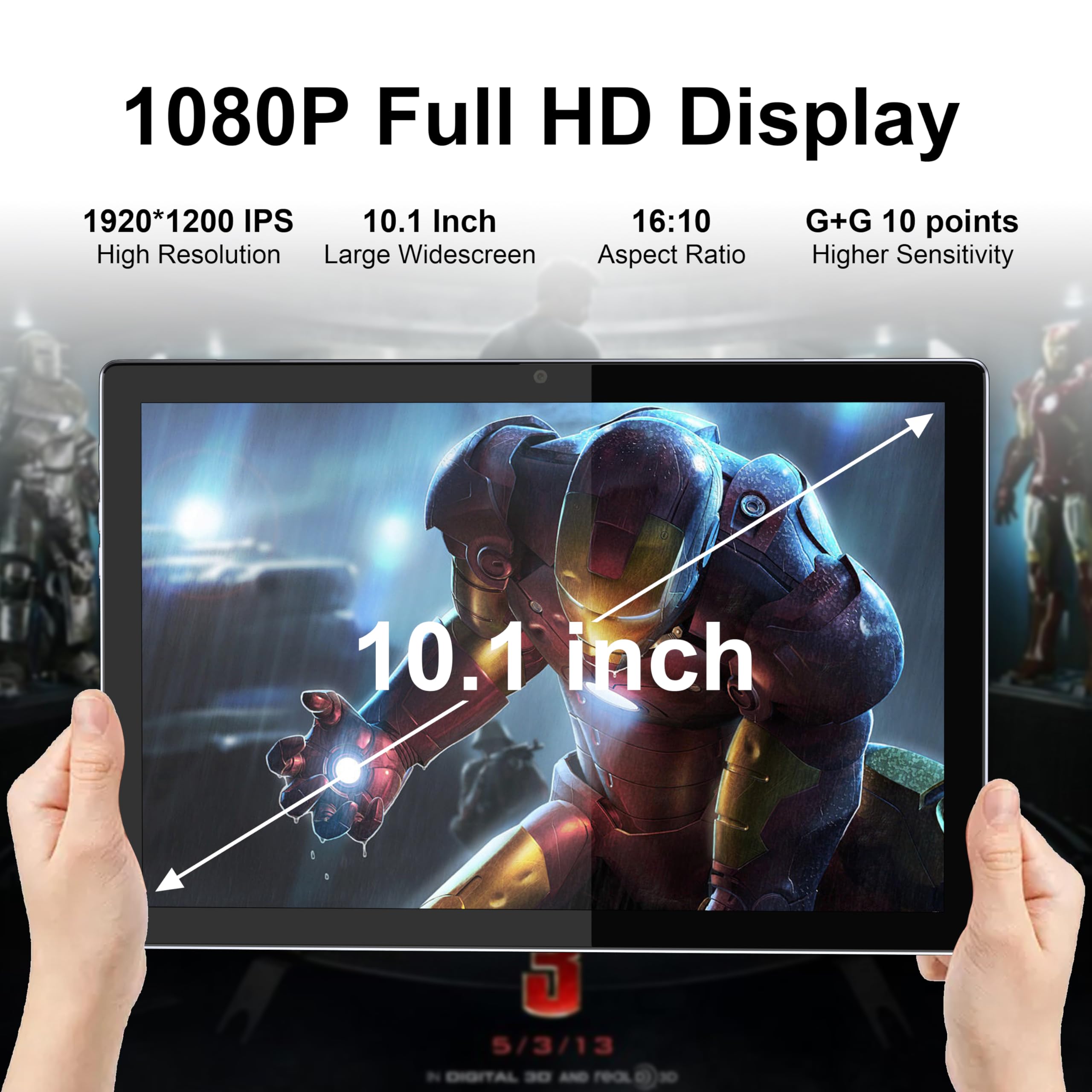 BYYBUO Tablet 10.1 inch Android Tablets, Octa-Core Processor, 1920x1200 IPS FHD Display, 4GB RAM 64GB ROM, 7000mAh Battery, 5.0MP+13.0MP Camera, 2.4G+5G WiFi, Bluetooth, GPS, FM (Metal Body)