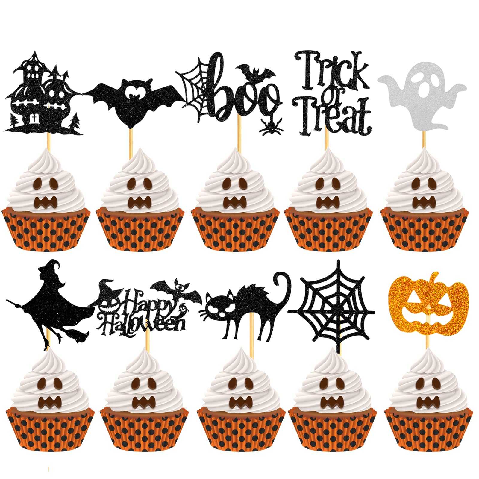 Photo 1 of 60Pcs Halloween Cupcake Toppers, Bat Pumpkin Ghost Cupcake Decorations for Halloween Party Supplies, Black Multi Style1