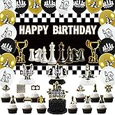 Obussgar Chess Birthday Party Decorations - Chess Party Supplies including Happy Birthday Backdrop, Spirals, Cake Toppers, Table Centerpieces, Balloons (BJ)