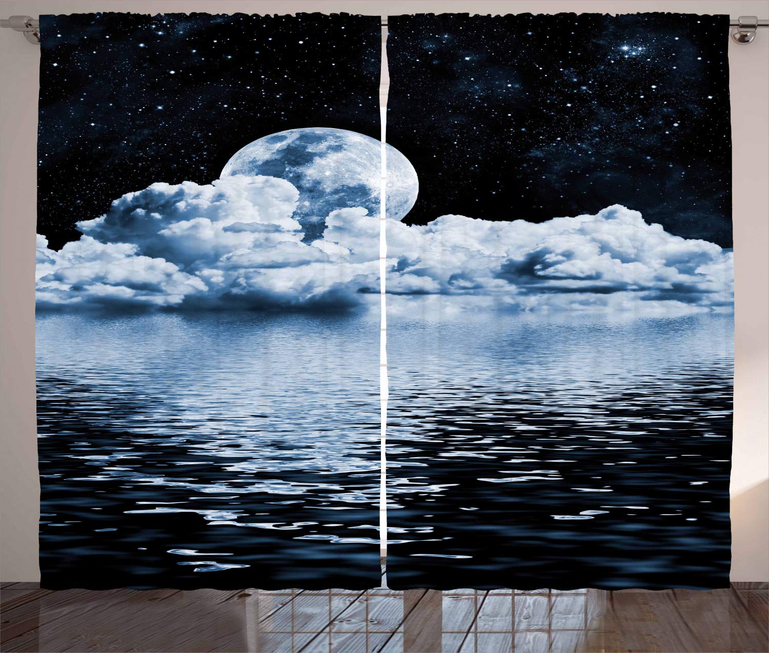 ABAKUHAUS Moon Curtains, Moon Setting over Clouds Water Reflections Stars Universemed Image Print, Living Room Bedroom Window Drapes 2 Panel Set, 96 L X 110 W, Black Blue White