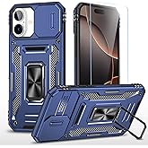SunStory Phone Case for iPhone 16 Case with HD Screen Protector & Slide Camera Cover & Rotated Ring Kickstand, [Military-Grade] Phone Case for iPhone 16 6.1" (Z_Blue)