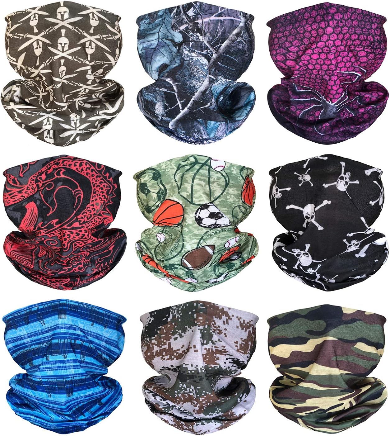 KINGREE 9PCS Face Mask Bandanas Headband Head Wrap Scarf Neck Warmer Headwear Balaclava for for Dust Sun Wind (Totem 1): Clothing
