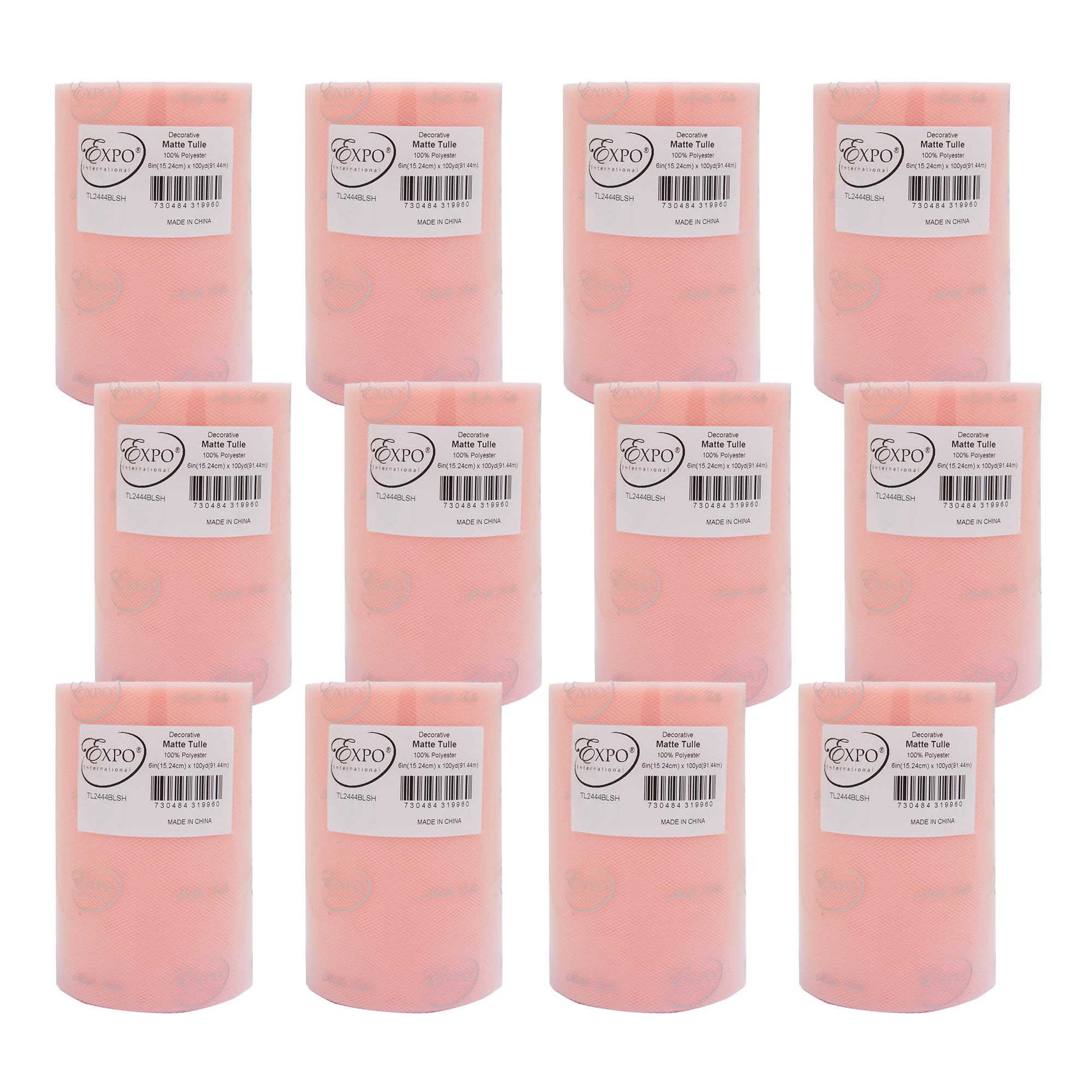 Expo International Decorative Matte Tulle, Roll/Spool of 6” X 100 Yards, Lightweight Polyester Tulle Fabric for Tutus, Costumes, and Party Decorations, Washable, Easy-to-Use, Pack of 12, Blush Pink Image