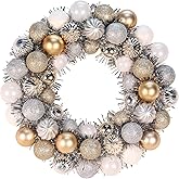 GOVIRAYE Gold Silver White Ball Wreath 16 Inch – Shiny Ornament Wreath for Party, Wedding & Home Decor