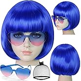 TIKJOYS (Wig Cap + Dark Blue Bob Wig with Sunglasses for Women Short Straight Synthetic Colorful Neon Party Wigs for Halloween Costume Womens Dark Blue Cosplay Wigs for Adults Halloween Anime Outfit