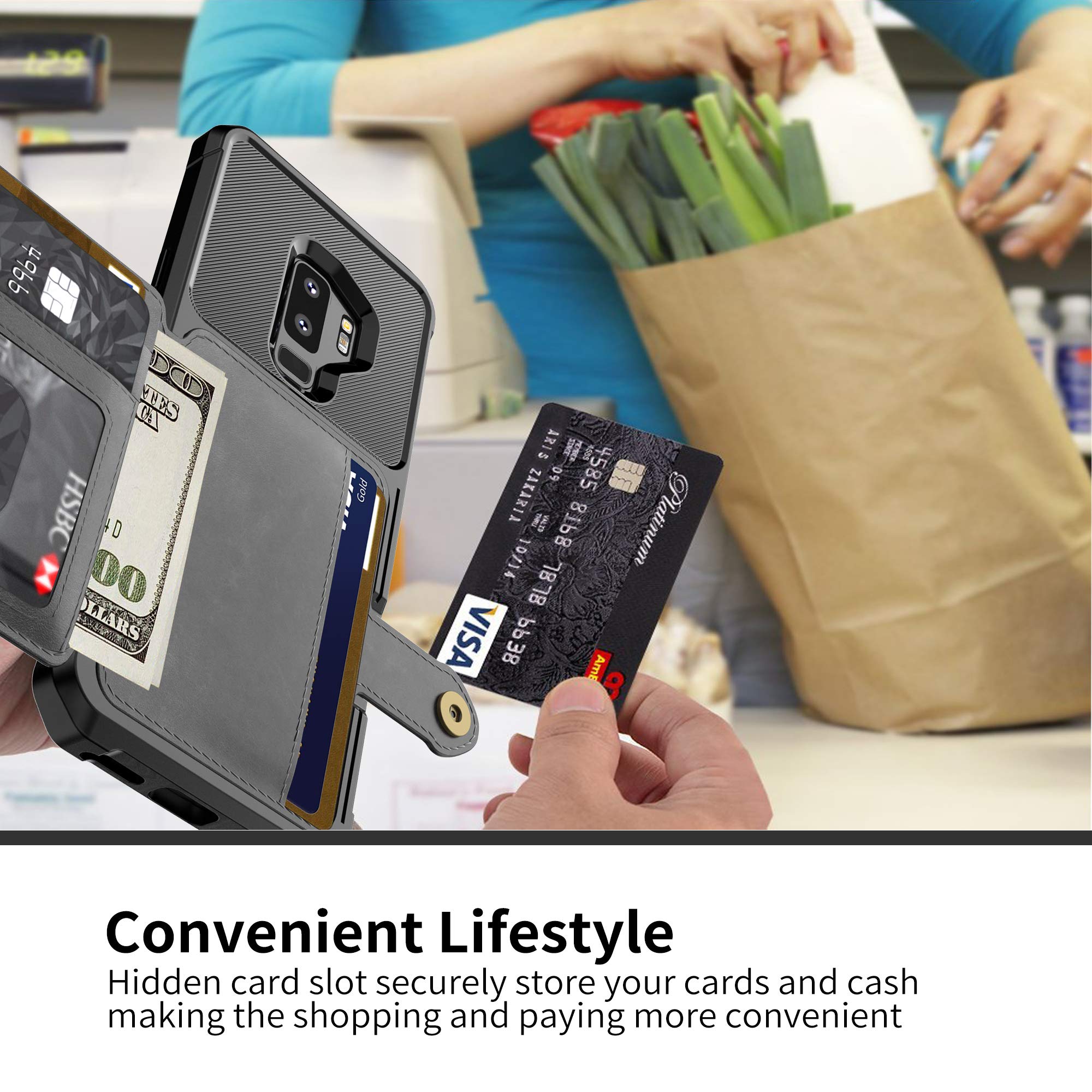 Galaxy S9 Plus Wallet Case, Sumsung S9+ Flip Leather Kickstand Fit Magnetic Wireless Car Charger Mount Slim Durable Shockproof Protective Card Slots Holder Case Cover (Black)