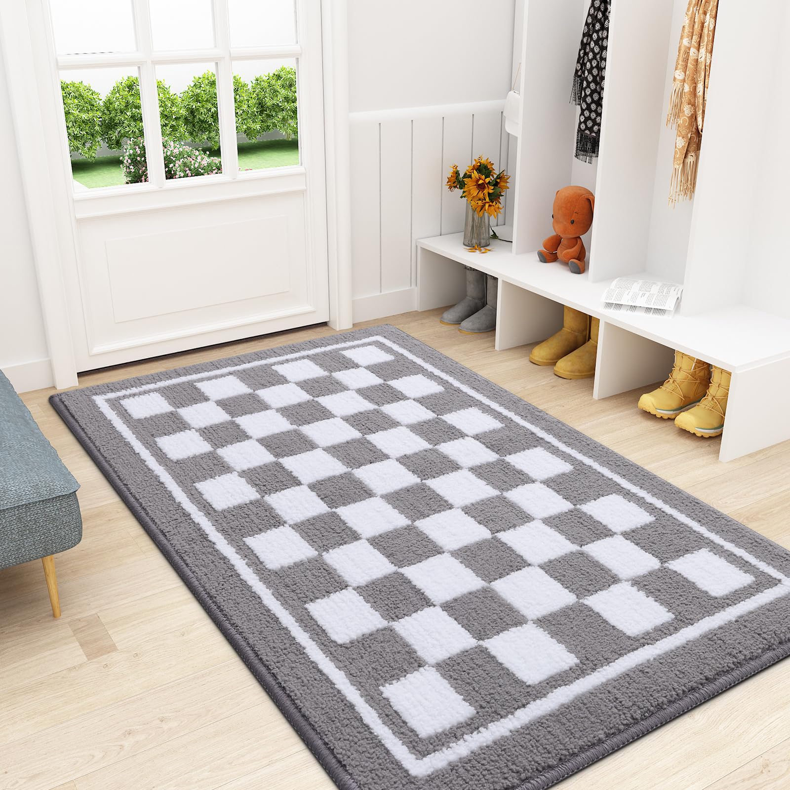 smiry Door Matts Indoor, Super Absorbent Entrance Door Mat, Machine Washable Inside Doormat, Low-Profile Dirt Trapper Mat, Non-Slip Floor Mat for Front Back Door, Muddy Paws, 80 x 120 cm - Grey