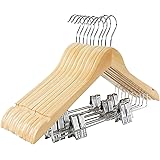 TOPIA HANGER Wooden Suit Hangers with Adjustable Metal Clips (10 Pack), Solid Smooth Wood Clothes Hangers, 360° Swivel Hook,