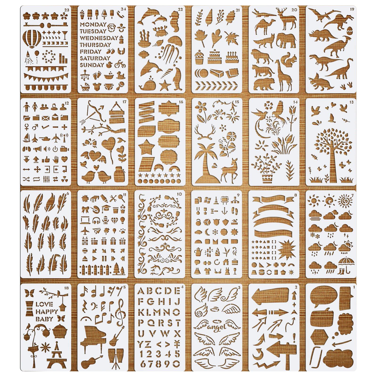 VETPW 24 Pcs Assorted Drawing Painting Template Journaling Stencils Set, Reusable Shapes Stencils Scale Templates for Card Making, Journals, DIY Albums, Diary, Window, Wall Decor and More