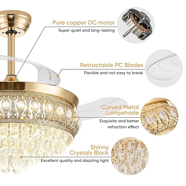 STYLORAVIVE 42″ FANDELIER CEILING FAN WITH LIGHT, CRYSTAL RETRACTABLE CEILING FAN WITH LIGHTS AND REMOTE, CHANDELIER FANS FOR BEDROOM LIVING ROOM, REVERSIBLE DC MOTOR, DIMMABLE, 6 SPEEDS -GOLD