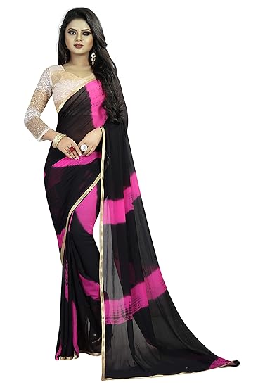 Winza Designer Womens Chiffon Saree with Blouse (LEHARIYA BLACK PINK_BLACK_PINK)