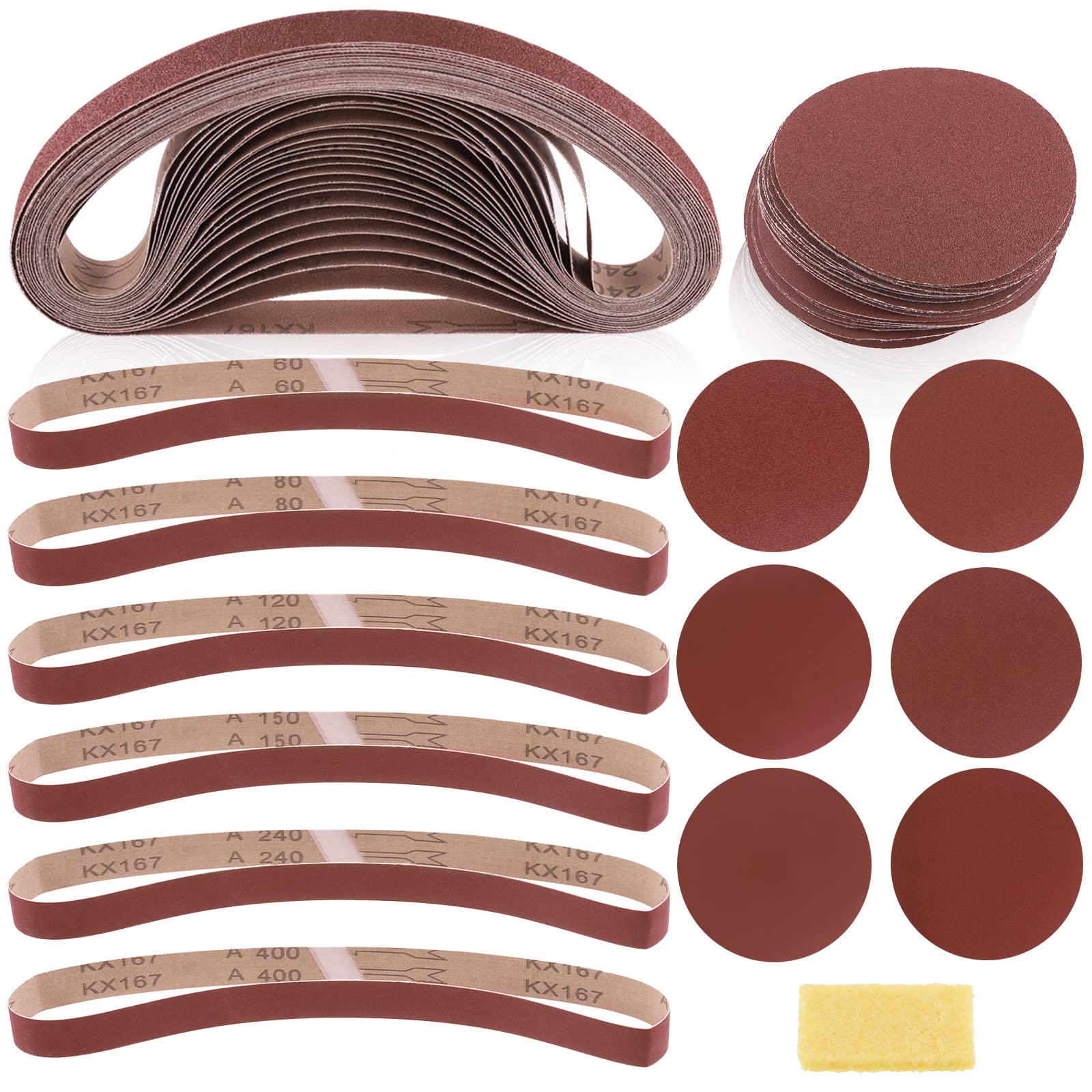 Swpeet 49Pcs 1 x 30 Inch Aluminum Oxide Sanding Belts (60/80/120/150/240/400 Grits) with 5 Inch Self Stick No-hole Sanding Disc (80/100/120/180/240/400 Grits) and Cleaning Eraser