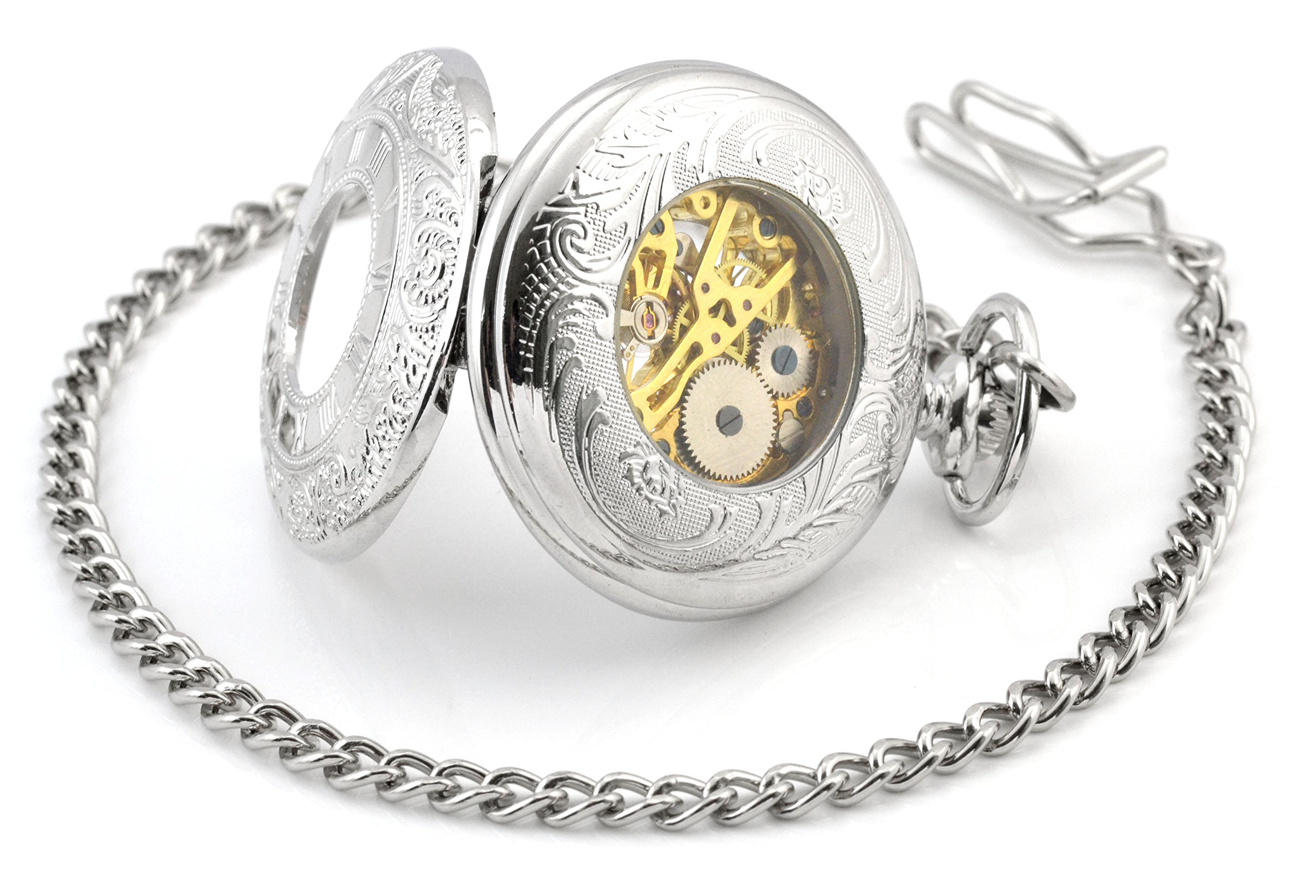 Infinite U Double Time Display Skeleton Hollow Steel Handwind Mechanical Pocket Watch Silver