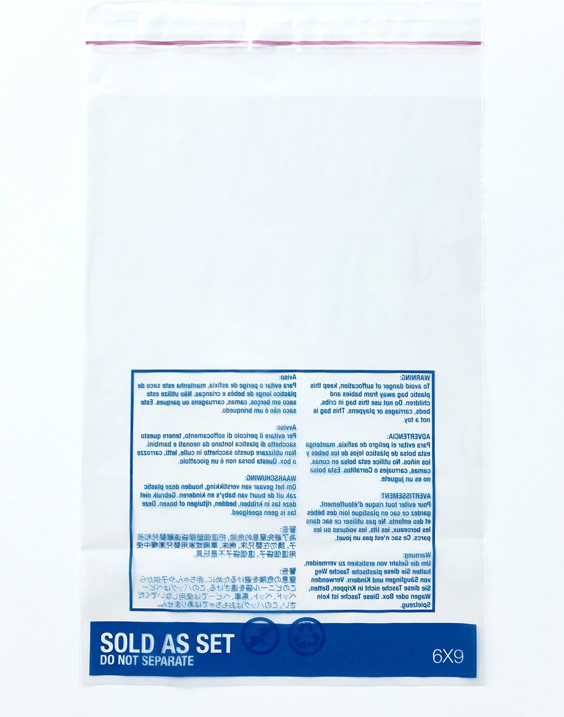 6X9 Resealable Poly Bags with Suffocation Warning and Sold As Set label printed, Self-Seal, 1.5 mil