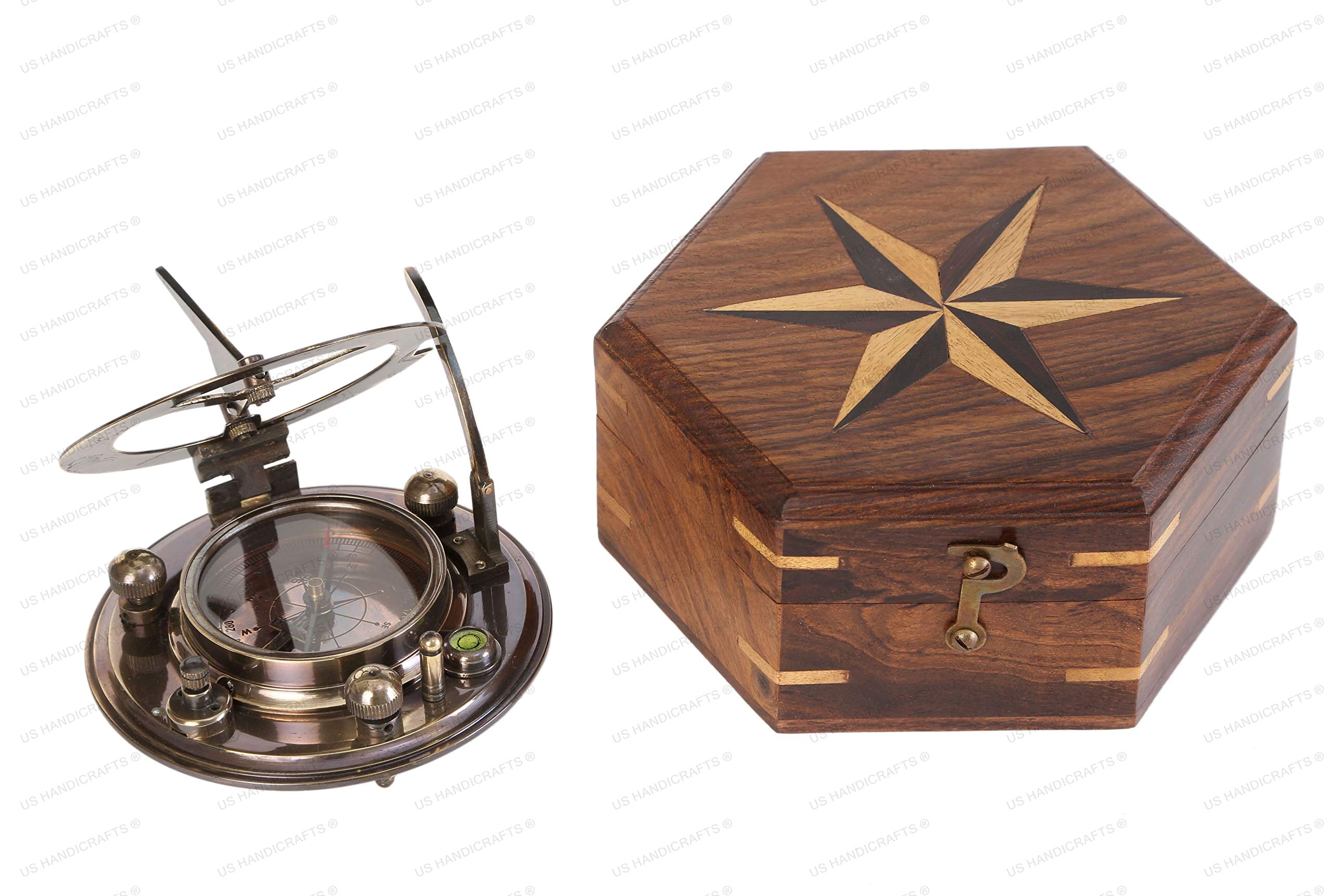 US HANDICRAFTS Vintage Brass Sundial Compass For Navigation, Camping, Hiking, Touring
