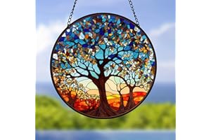 JUNWALL Big Tree Acrylic Window Hanging, Forest Tree Stained Acrylic Window Decor Hanging Ornaments Indoor Outdoor Garden Stained Art Panel Gift for Women Christmas Thanksgiving