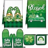 Bencailor 6 Pcs St. Patrick's Day Kitchen Decor Set Kitchen Towels Oven Mitts Pot Holder Irish Shamrocks Leprechauns Gnome Truck Lucky Party Gifts Decorations for Home Housewarming