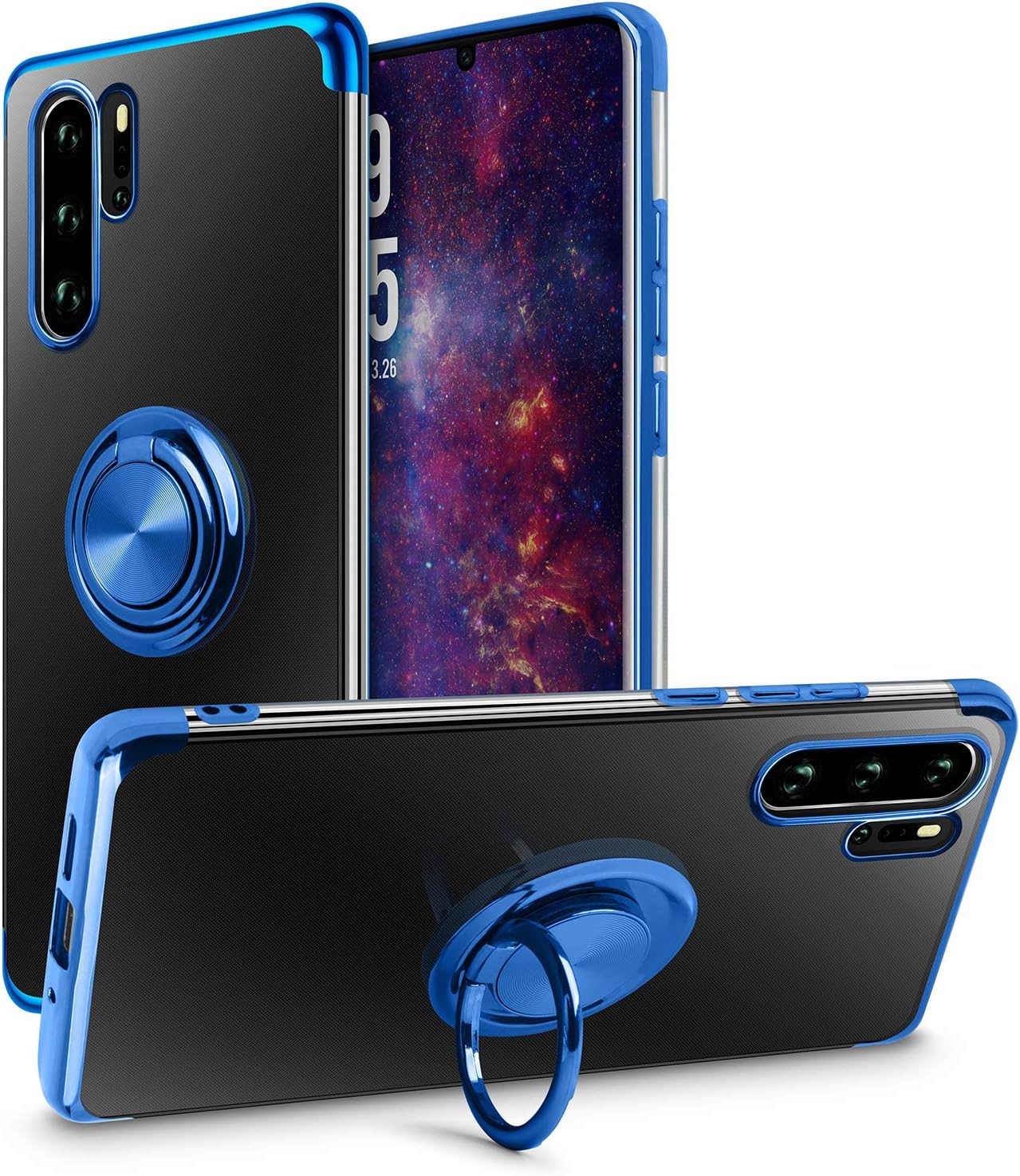 Huawei P30 Pro Case,Clear Crystal Slim Soft TPU Cover Shock-absorbing Protective Case with Electroplated Frame Finger Grip Ring Holder Stand [Magnetic Car Mount Feature] for Huawei P30 Pro,Blue