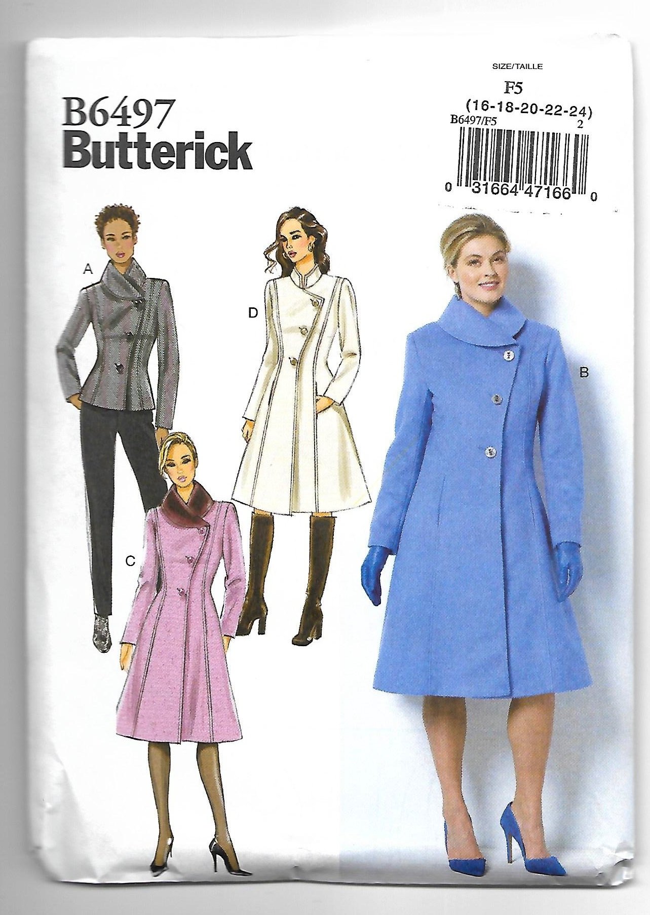 Butterick Sewing Pattern B6497 Misses’/Misses’ Petite Jacket and Coats with Asymmetrical Front and Collar Variations, F5 (16-18-20-22-24)