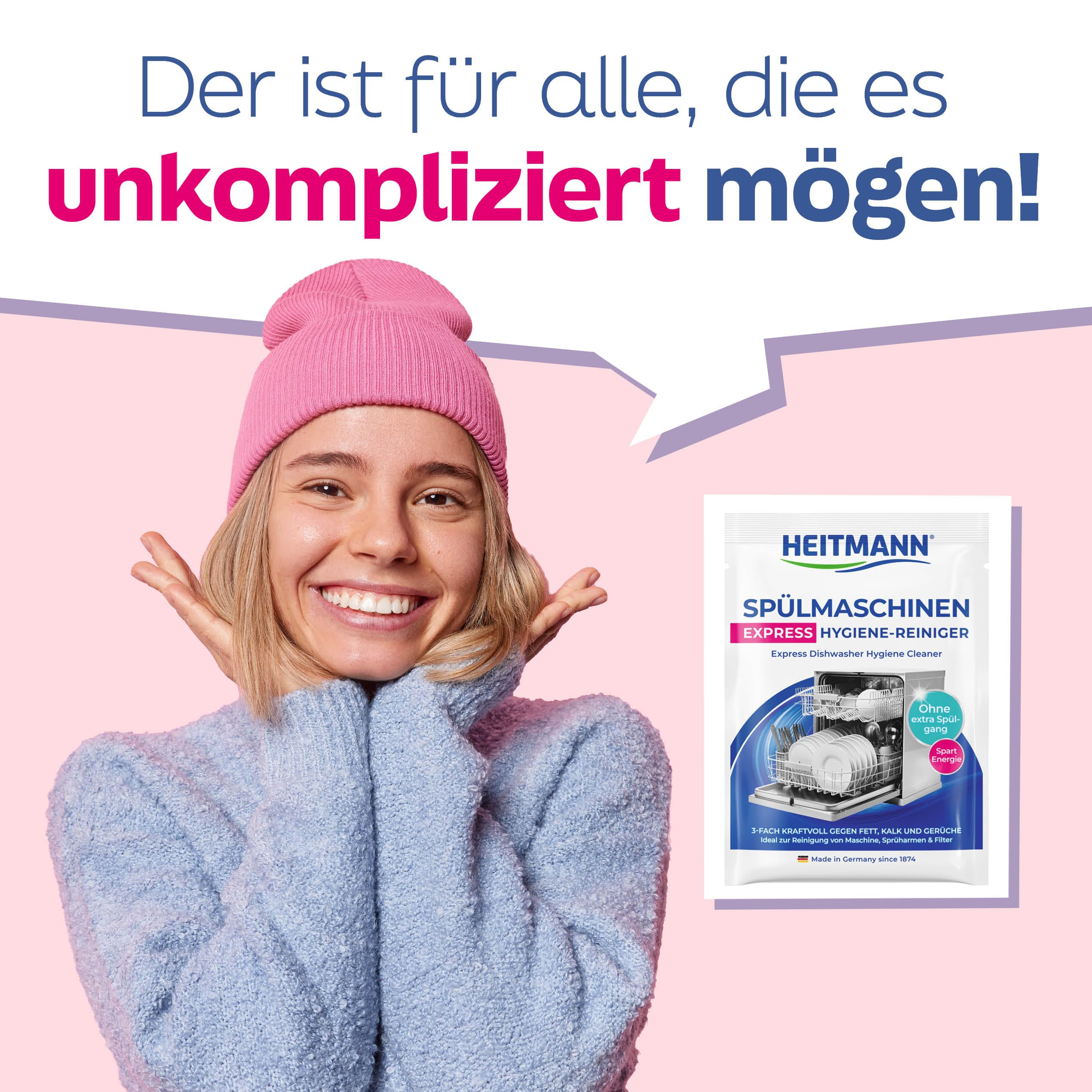 HEITMANN Express Spülmaschinenreiniger | Dreifach-aktiv gegen Fett, Kalk & Gerüche | Maschinenreiniger für Geschirrspüler – wirkt im Kurzprogramm | Für Sprüharme, Filter & Innenraum | 30 g 5