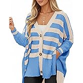 Saodimallsu Womens Oversized Striped Cardigan Sweaters V Neck Fuzzy Knit Button Up Side Slit Fall Sweater Coats