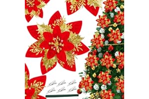 GUSHU 16Pcs Christmas Poinsettia Flower Decorations Artificial Red Gold Glitter Poinsettia Decorations Red Poinsettia Christmas Ornaments Poinsettia Christmas Tree Decoration for Xmas Wedding Party Decor