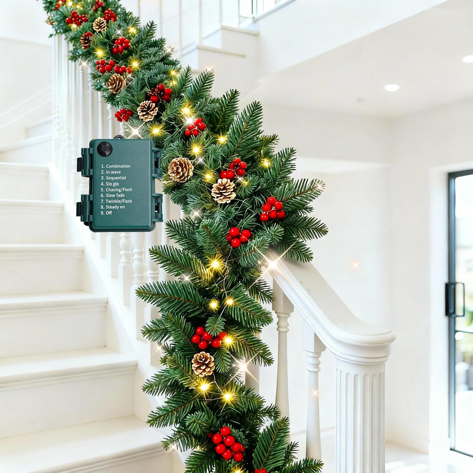 Photo 1 of 9FT Lighted Christmas Garland Battery Operated with Red Berries & Pine Cones, Outdoor Christmas Garland for Stairs, Artificial Prelit Christmas Galands with Lights