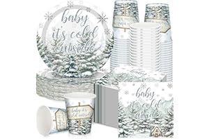 Hushee 200 Pcs Cold Outside Baby Shower Paper Plates Cups Napkins Party Supplies Tableware Set Disposable Cup Napkin for 50 Guest Party Decoration