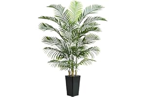 TNGGNT Artificial Palm Tree：6FT Tropical Fake Silk Plant UV Resistant Faux Areca Palm with Black Planter & Black Pebbles for 