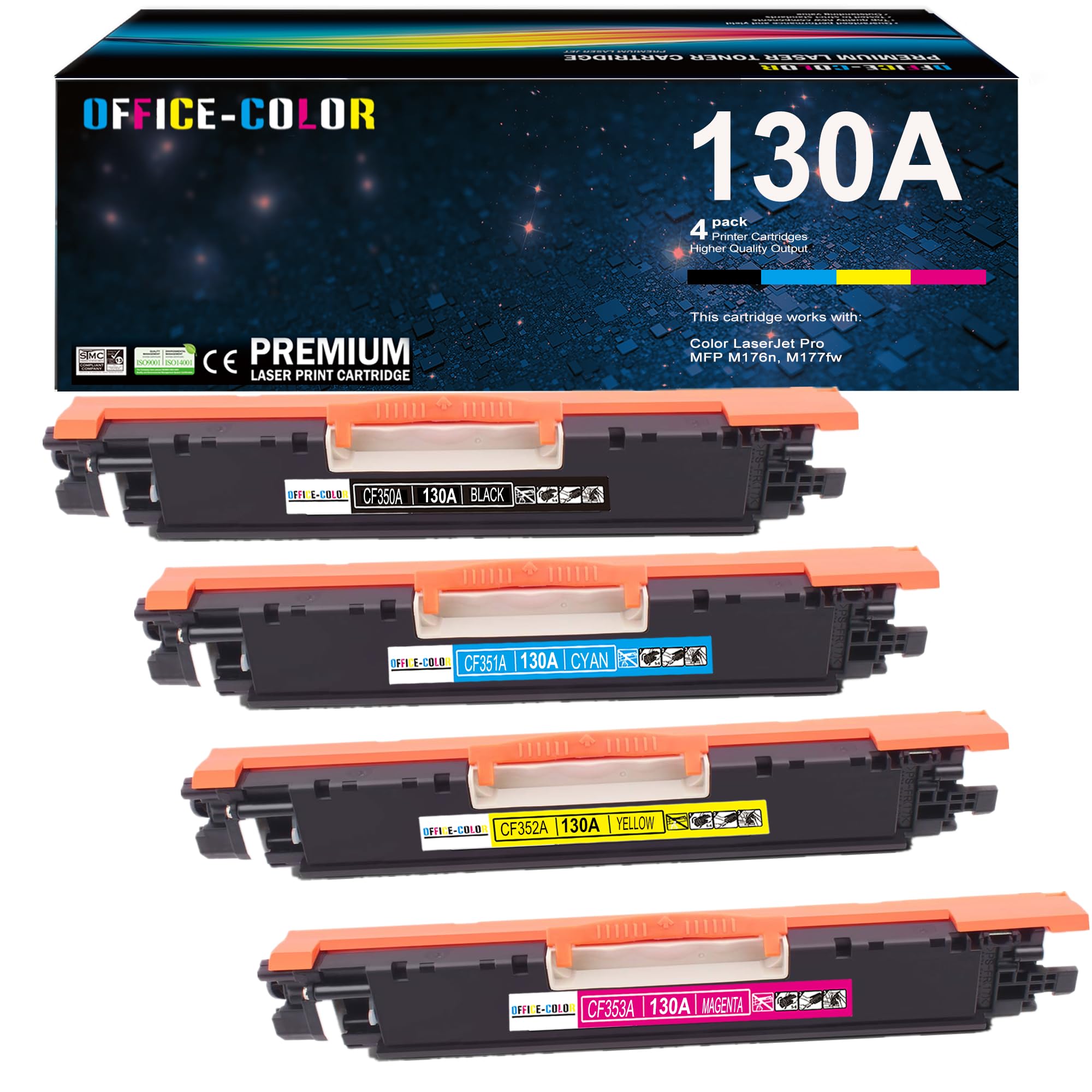 Photo 1 of OFFICE-COLOR Replacement for HP 130A Toner Cartridges Set Works with HP Color Laserjet pro MFP M177fw,M176n Printer Ink (Black,Cyan, Magenta, Yellow 4 Pack)