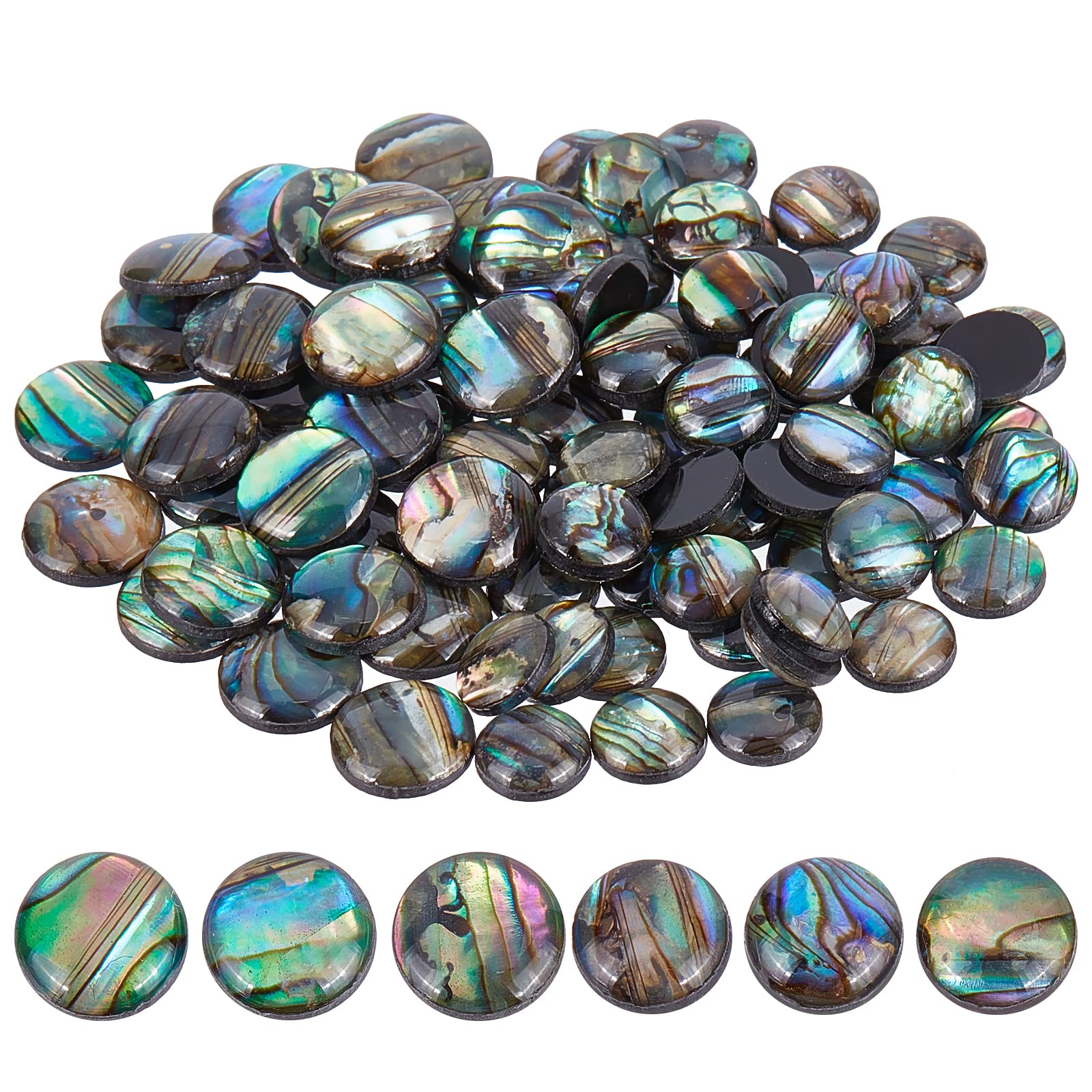 BENECREAT 90PCS Natural Abalone Shell Coin 8mm 10mm Flat Round Paua Shell Cabochons Beads with Storage Containers for Photo Frames, Clay Cups Decoration