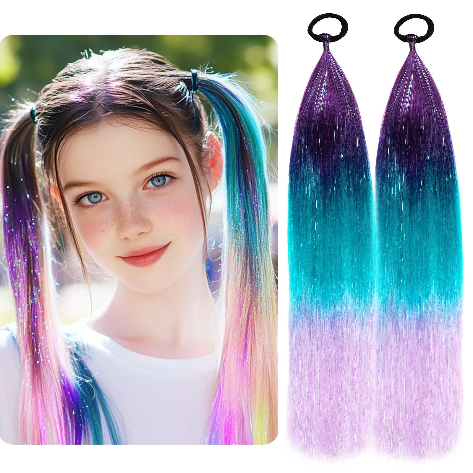 Ponytail Hair Extensions Ombre Rainbow – 2 Pack, 40g Each, 18-inch Synthetic Gradient Purple Blue Pink for Girls & Women — image 1